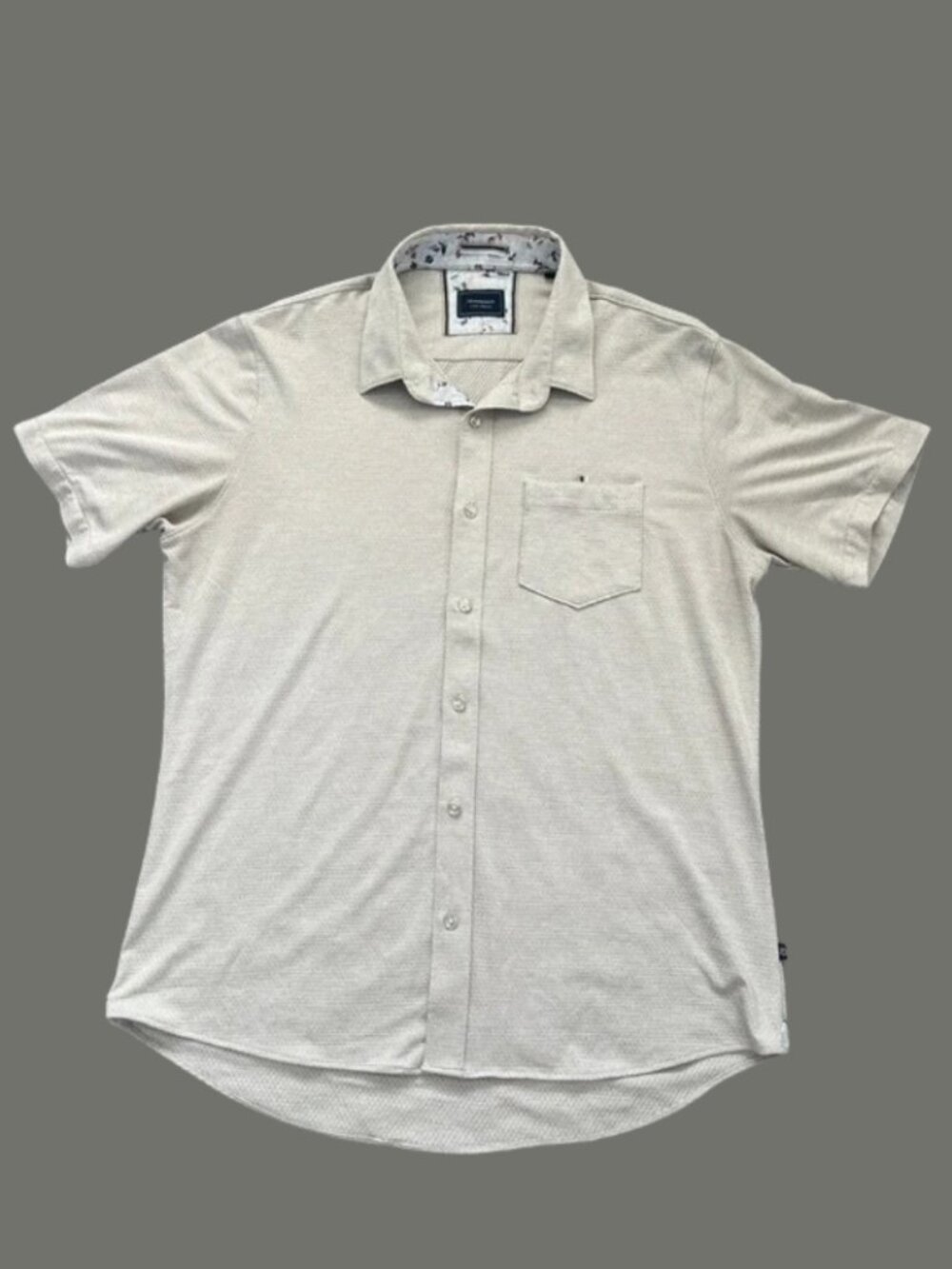 7 Diamonds Men's Beige Short Sleeve Button-Down Shirt 4-Way Jacquard Stretch - L